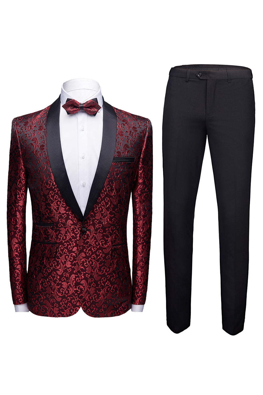 Men’s Black Shawl Lapel 2 Pieces Jacquard Slim Fit Wedding Suits