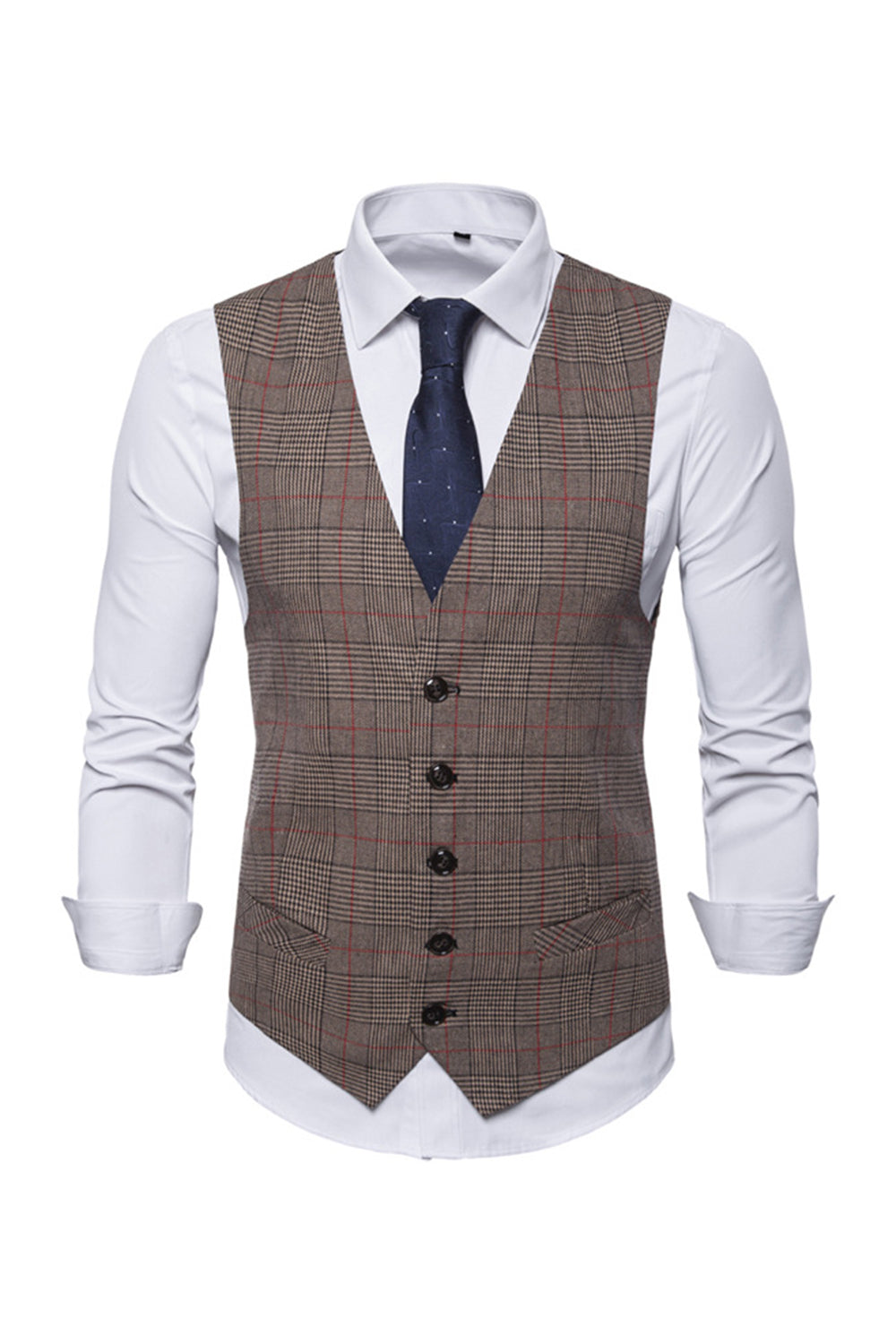 Men’s Single Breasted V-Neck Coffee Plaid Vest