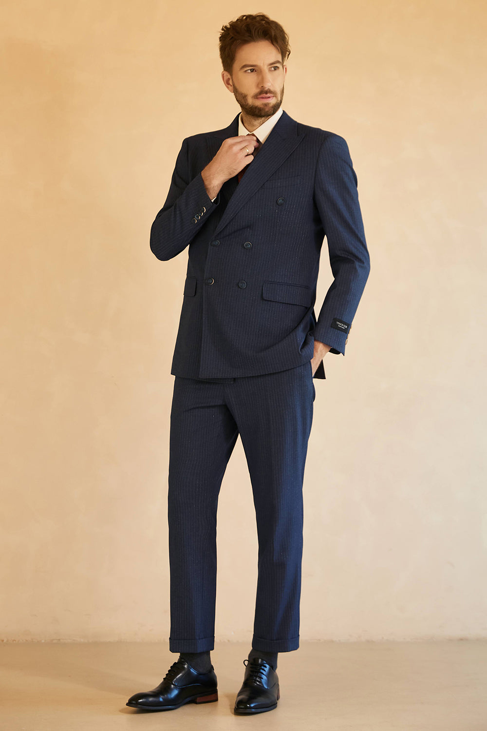 Men’s Dark Blue Double Breasted Pinstripe 3 Piece Wedding Guest Suits