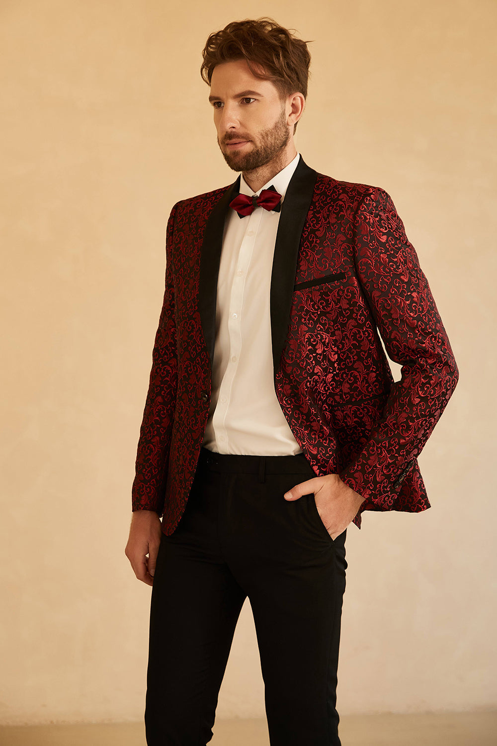 Men’s Red Shawl Lapel Jacquard One Button Prom Blazer