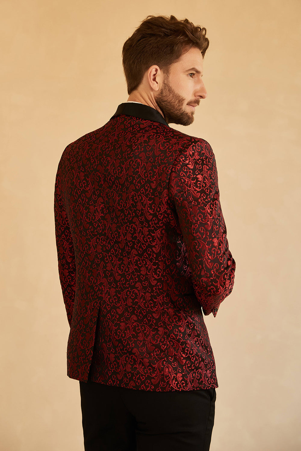 Men’s Red Shawl Lapel Jacquard One Button Prom Blazer