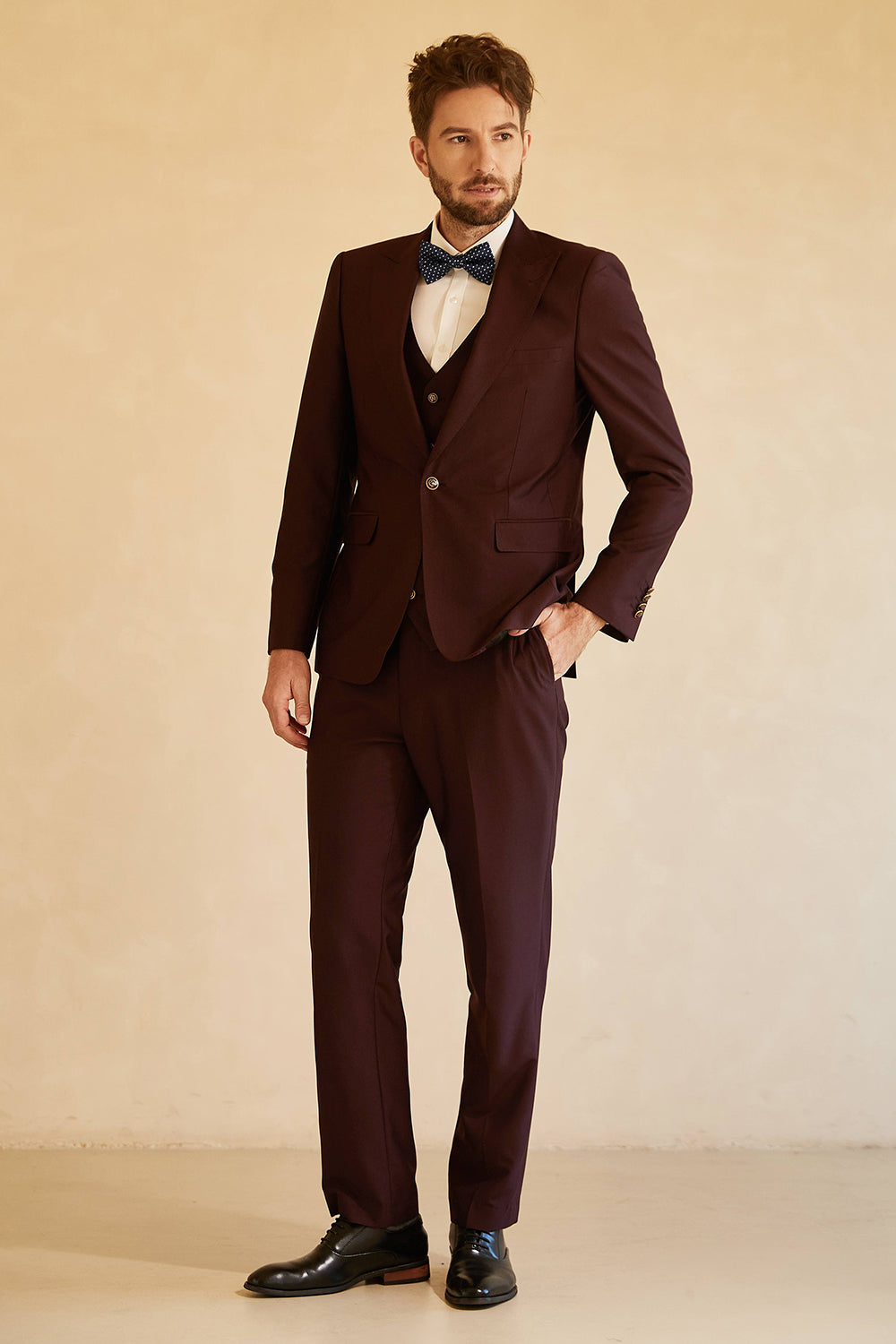 Men’s Peak Lapel Single Button Burgundy Wedding Suit