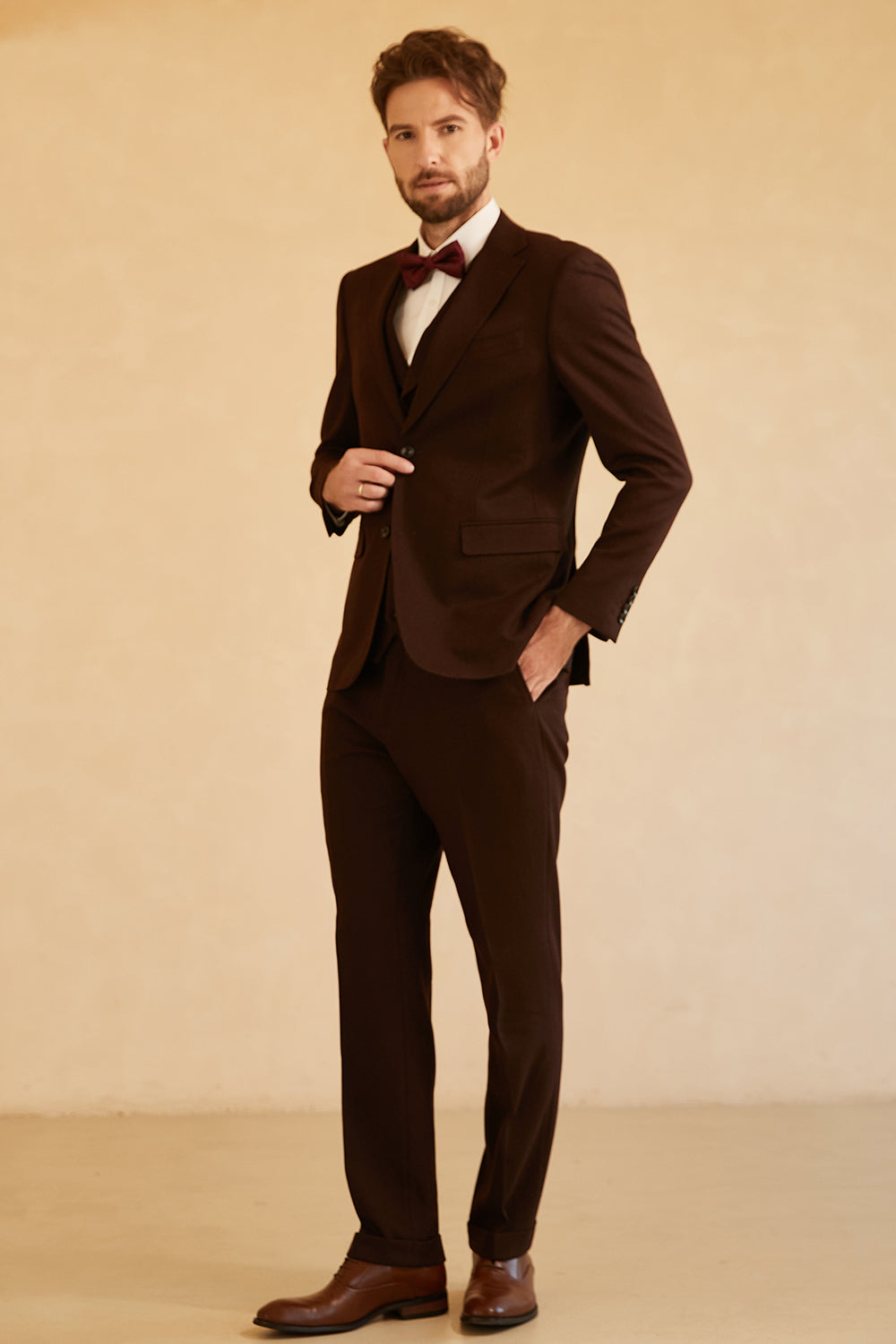 Men’s Dark Brown Notched Lapel Two Button 3 Piece Wedding Suits