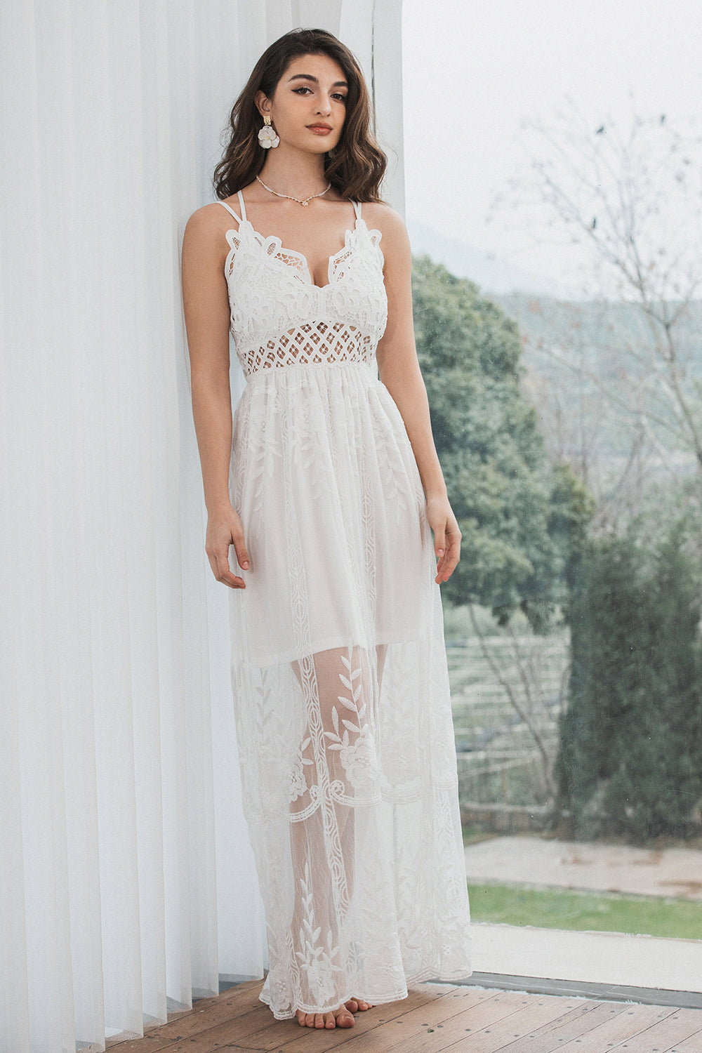 A-Line Spaghetti Straps Hollow Out White Graduation Dress With Lace