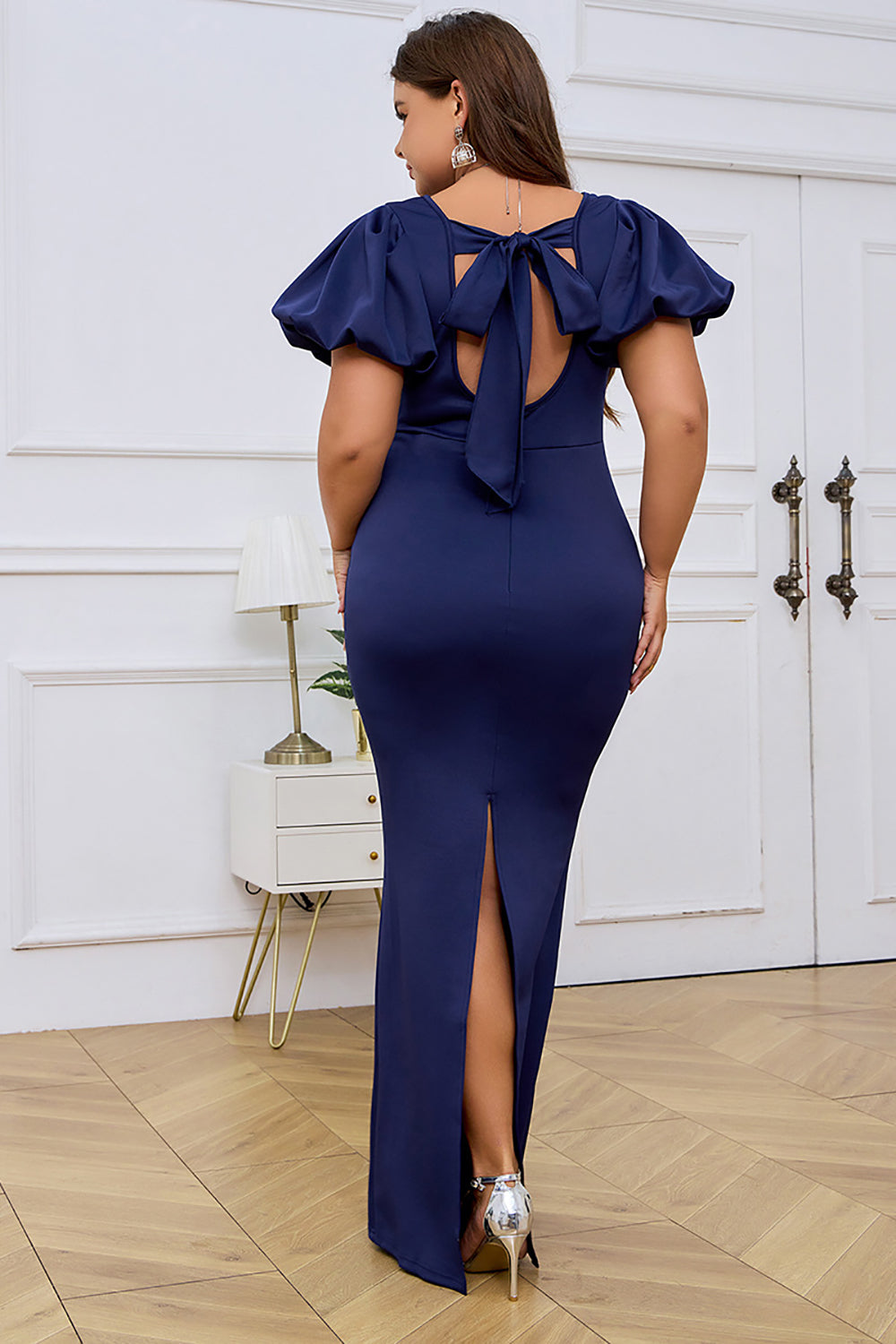 Navy Bodycon Plus Size V-neck Short Sleeves Formal Dress