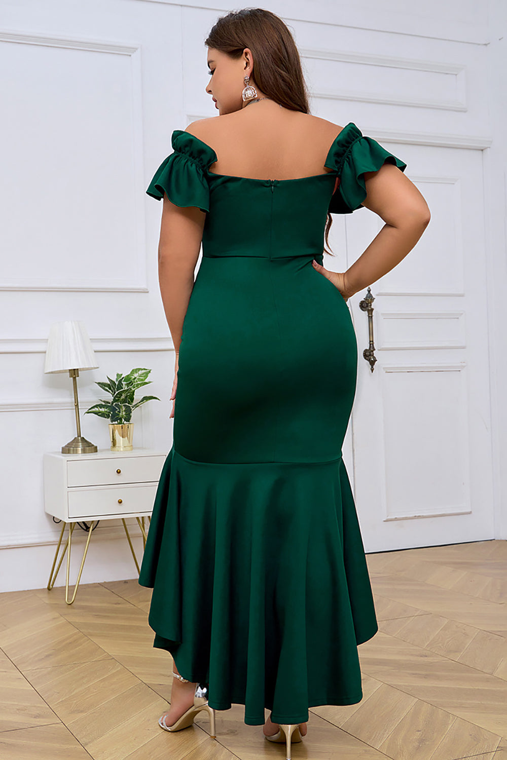 Dark Green Mermaid Off the Shoulder Short Sleeves Plus Size Evening Dress With Ruffles