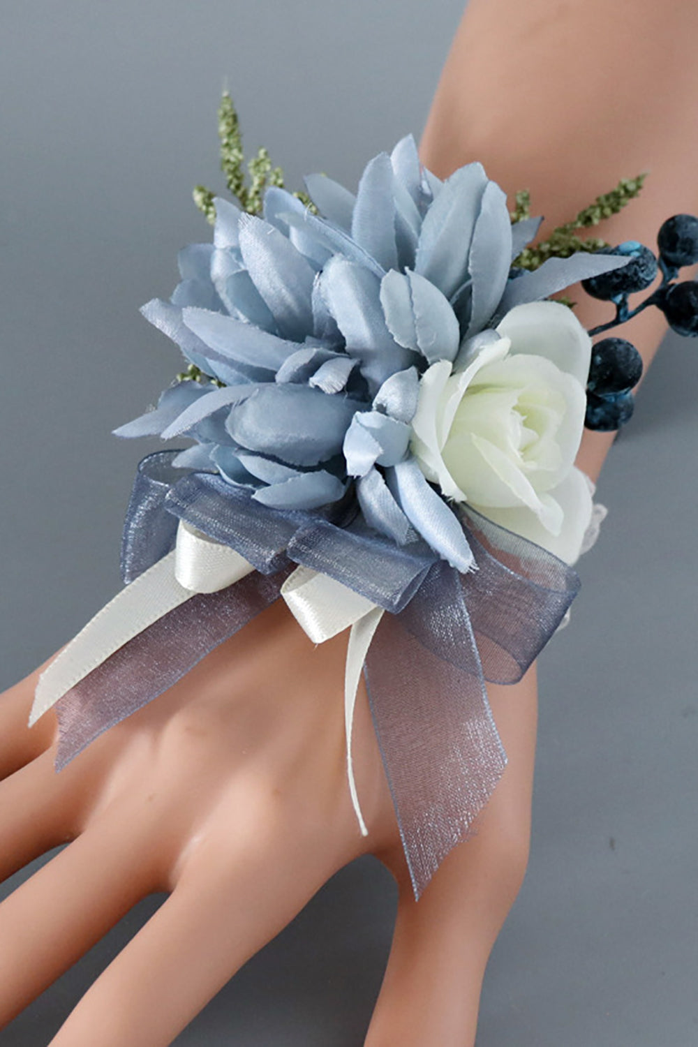 Grey Blue Wrist Corsage and Men Boutonniere Set for Prom Wedding Party