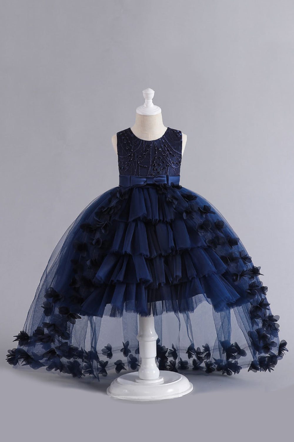 Dark Navy High Low Sleeveless Beaded Tulle Flower Girl Dress With Bowknot