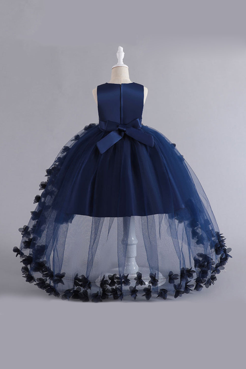 Dark Navy High Low Sleeveless Beaded Tulle Flower Girl Dress With Bowknot