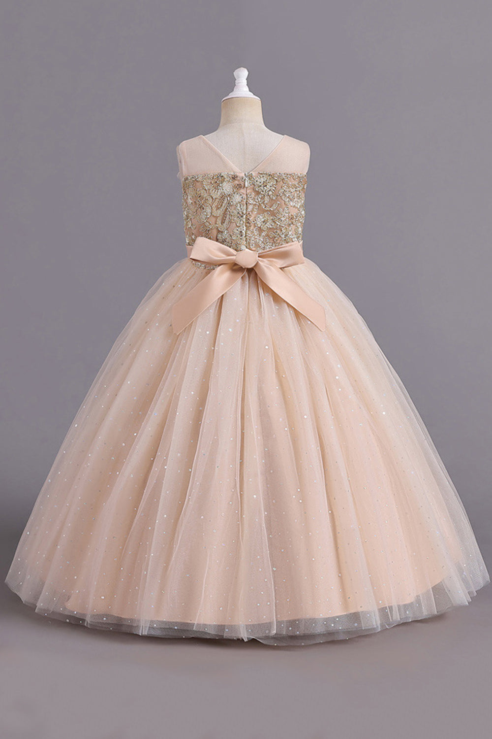 Champagne A Line Beaded Long Flower Girl Dress With Bowknot