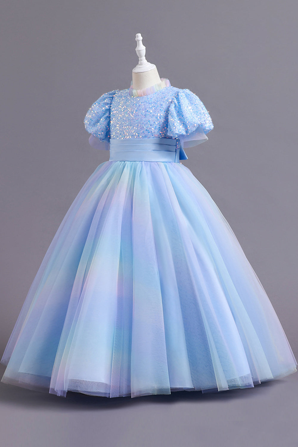 A Line Round Neck Puff Sleeves Blue Sequins Tulle Flower Girl Dress