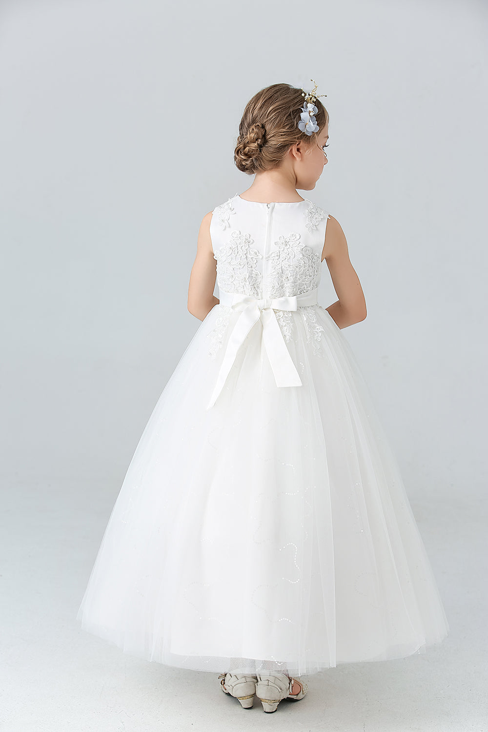 White A Line Beaded Tulle Flower Girl Dress With Appliques