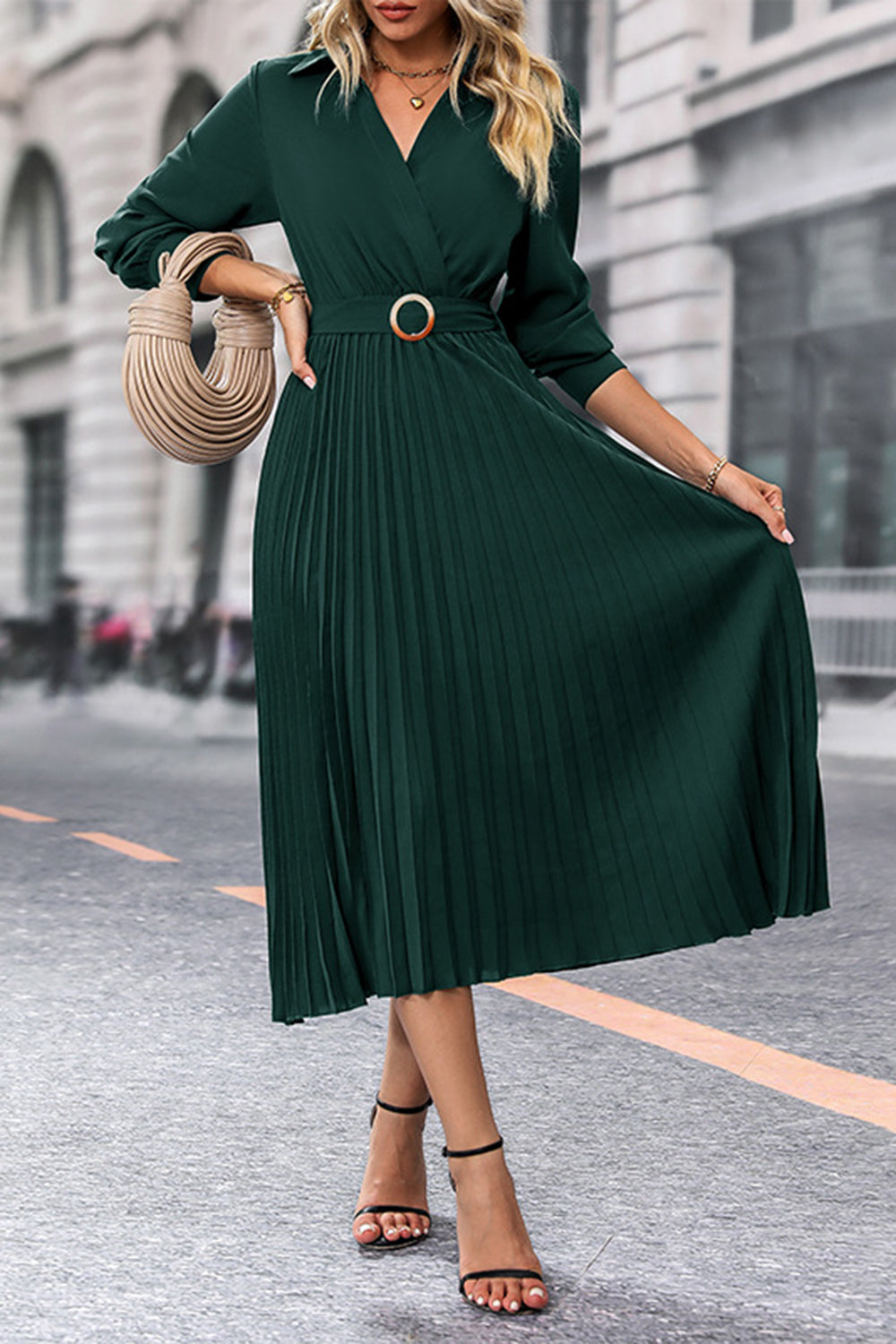 Dark Green A Line V Neck Long Sleeves Casual Dress with Belt