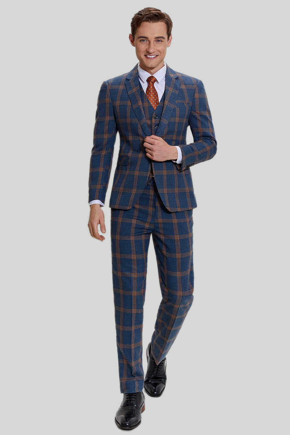 Men’s Grey Blue 3 Piece Plaid Notched Lapel Prom Suits