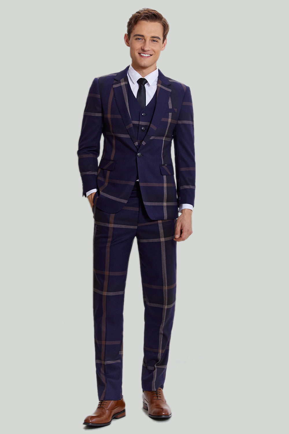 3 Piece One Button Navy Plaid Tuxedo Notched Lapel Men’s Wedding Suit