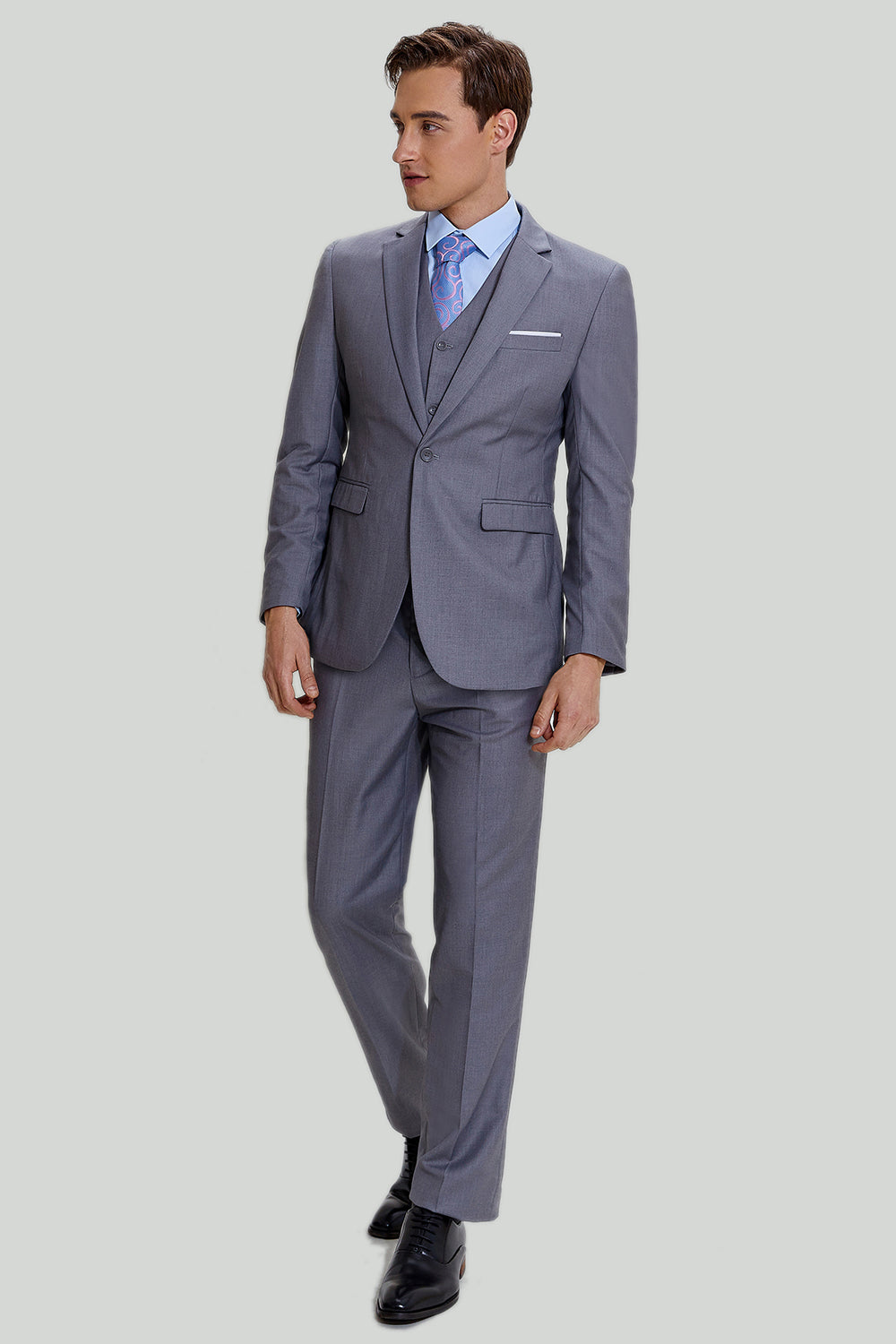 Men’s Grey 3 Piece Notched Lapel One Button Prom Suits