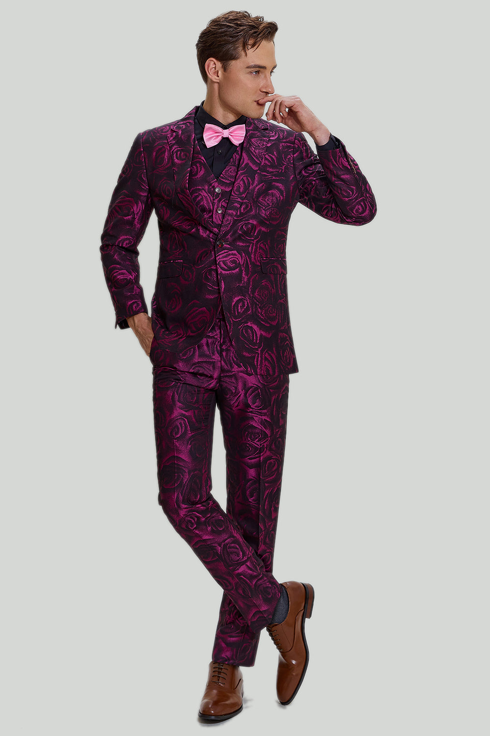 Men’s Fuchsia Floral Jacquard 3 Piece Prom Notched Lapel Suits