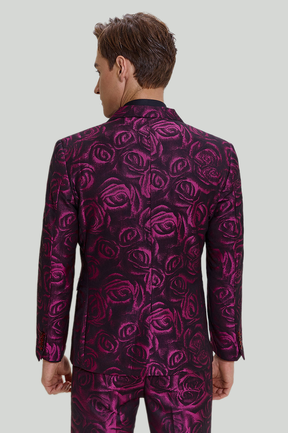 Men’s Fuchsia Floral Jacquard 3 Piece Prom Notched Lapel Suits