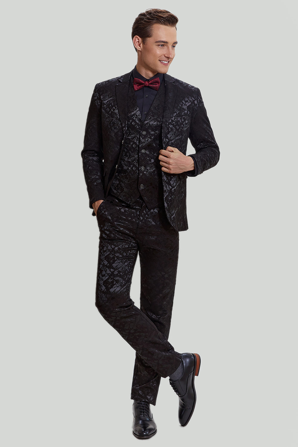 Black 3-piece Jacquard Notched Lapel Jacket Vest Pants Men’s Wedding Suit