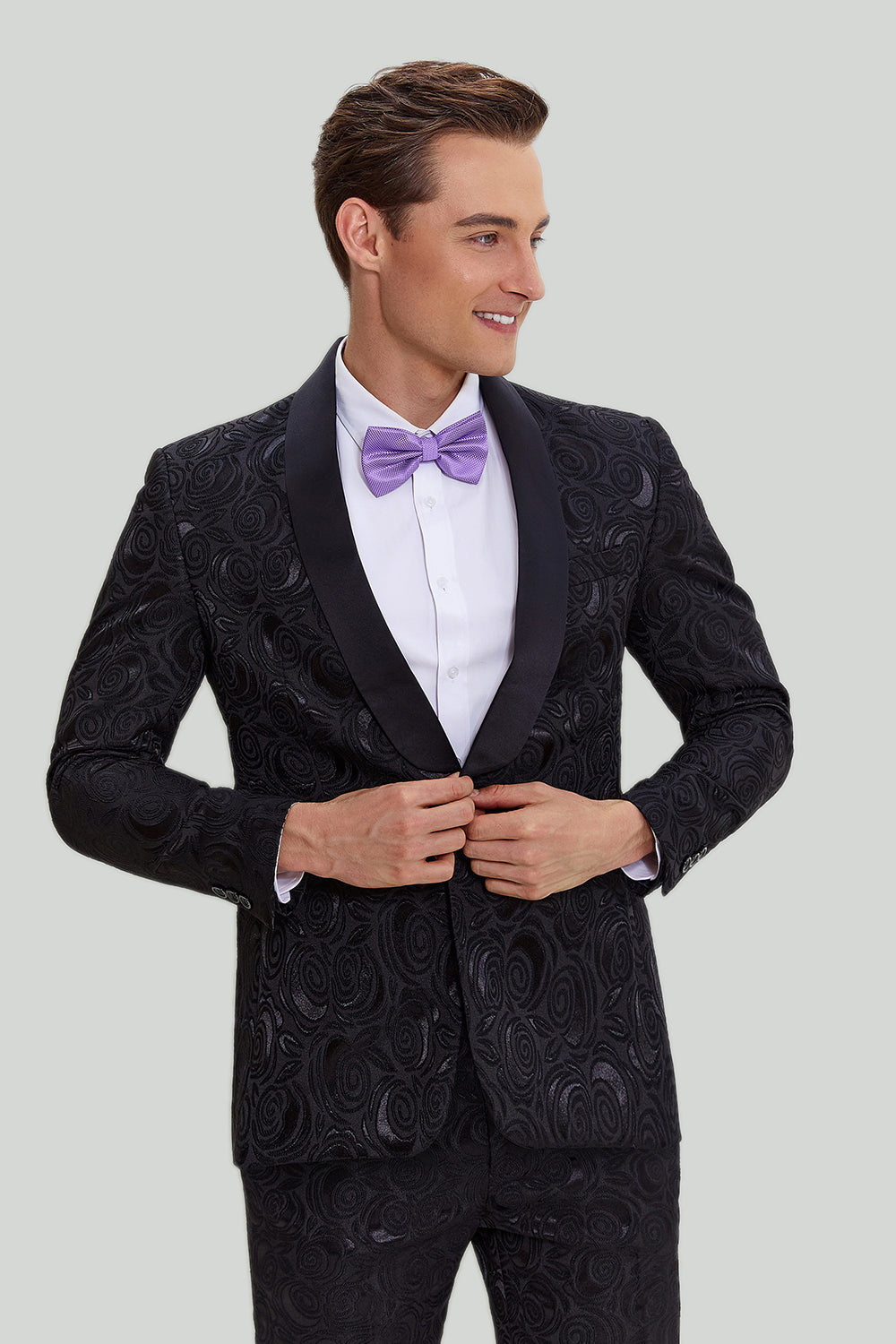 Black 2 Piece Jacquard Shawl Lapel One Button Fit Men’s Wedding Suit Set