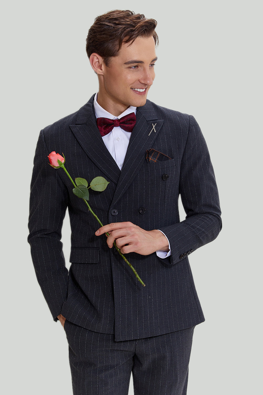 3 Piece Pinstripe Dark Grey Peak Lapel Men’s Wedding Suit