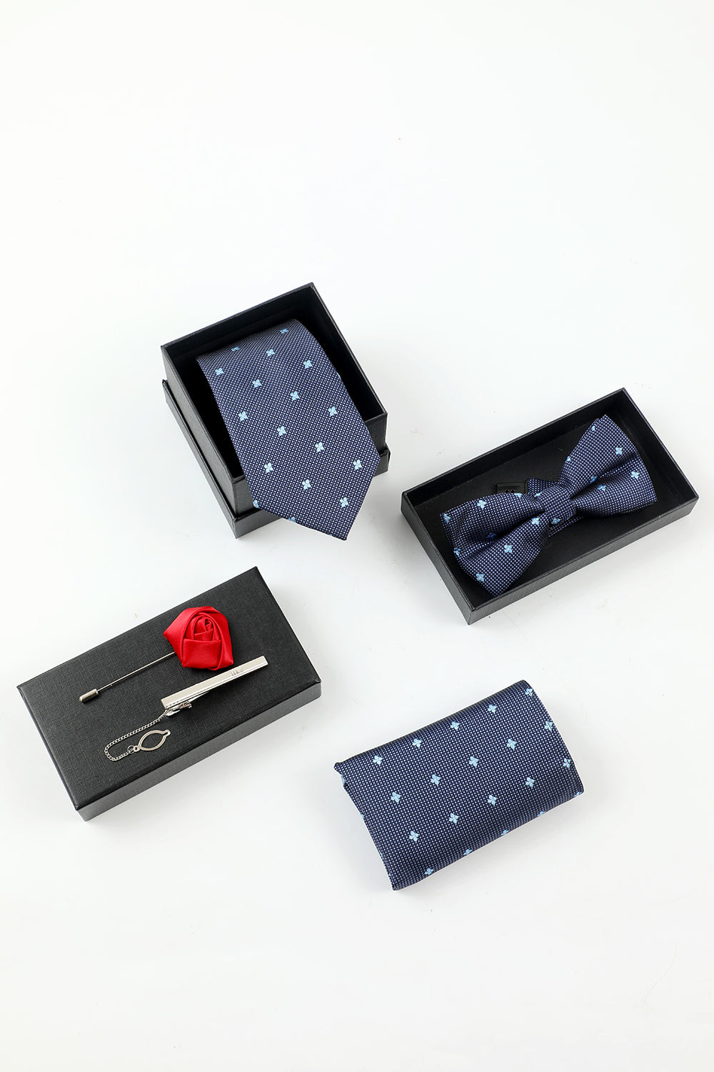 Men’s Navy 5-Piece Accessory Set Tie and Bow Tie Pocket Square Flower Lapel Pin Tie Clip