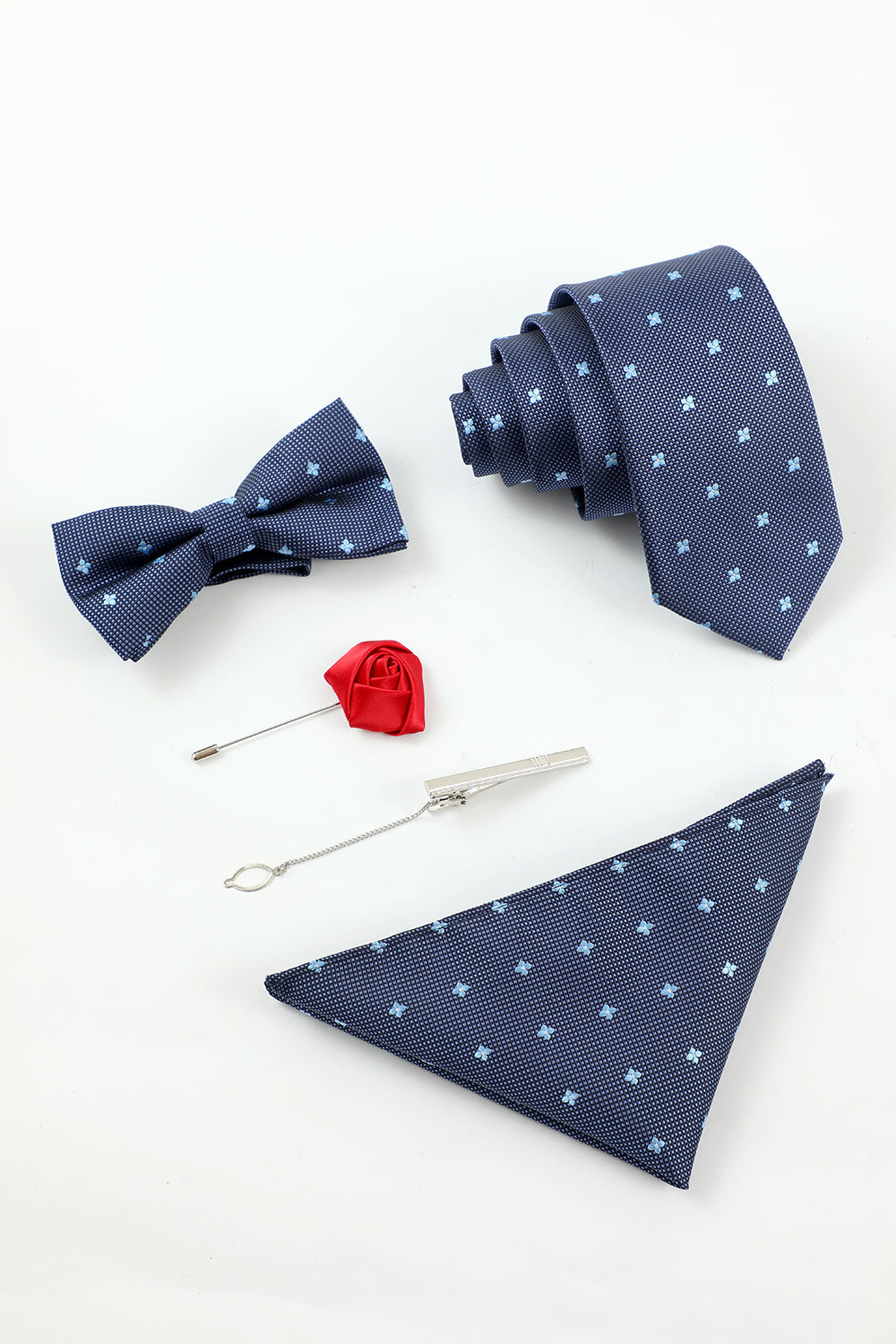 Men’s Navy 5-Piece Accessory Set Tie and Bow Tie Pocket Square Flower Lapel Pin Tie Clip