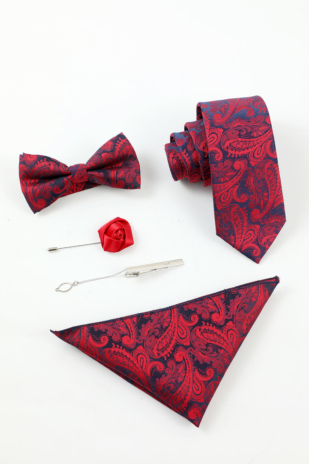 Men’s Burgundy Jacquard 5-Piece Accessory Set Tie and Bow Tie Pocket Square Flower Lapel Pin Tie Clip