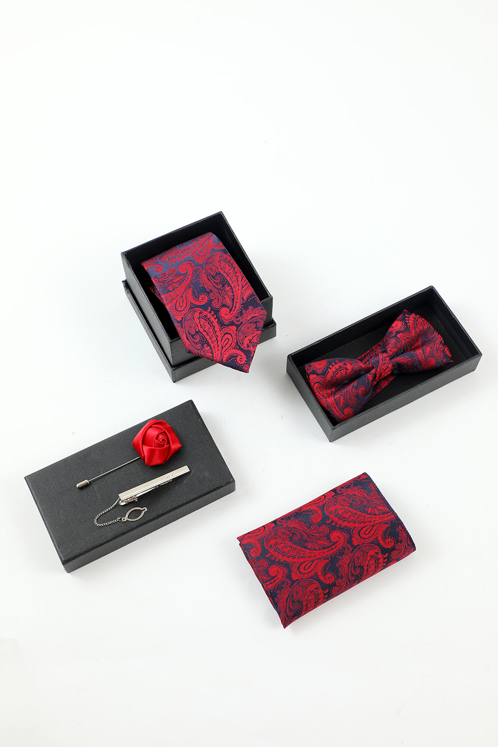 Men’s Burgundy Jacquard 5-Piece Accessory Set Tie and Bow Tie Pocket Square Flower Lapel Pin Tie Clip