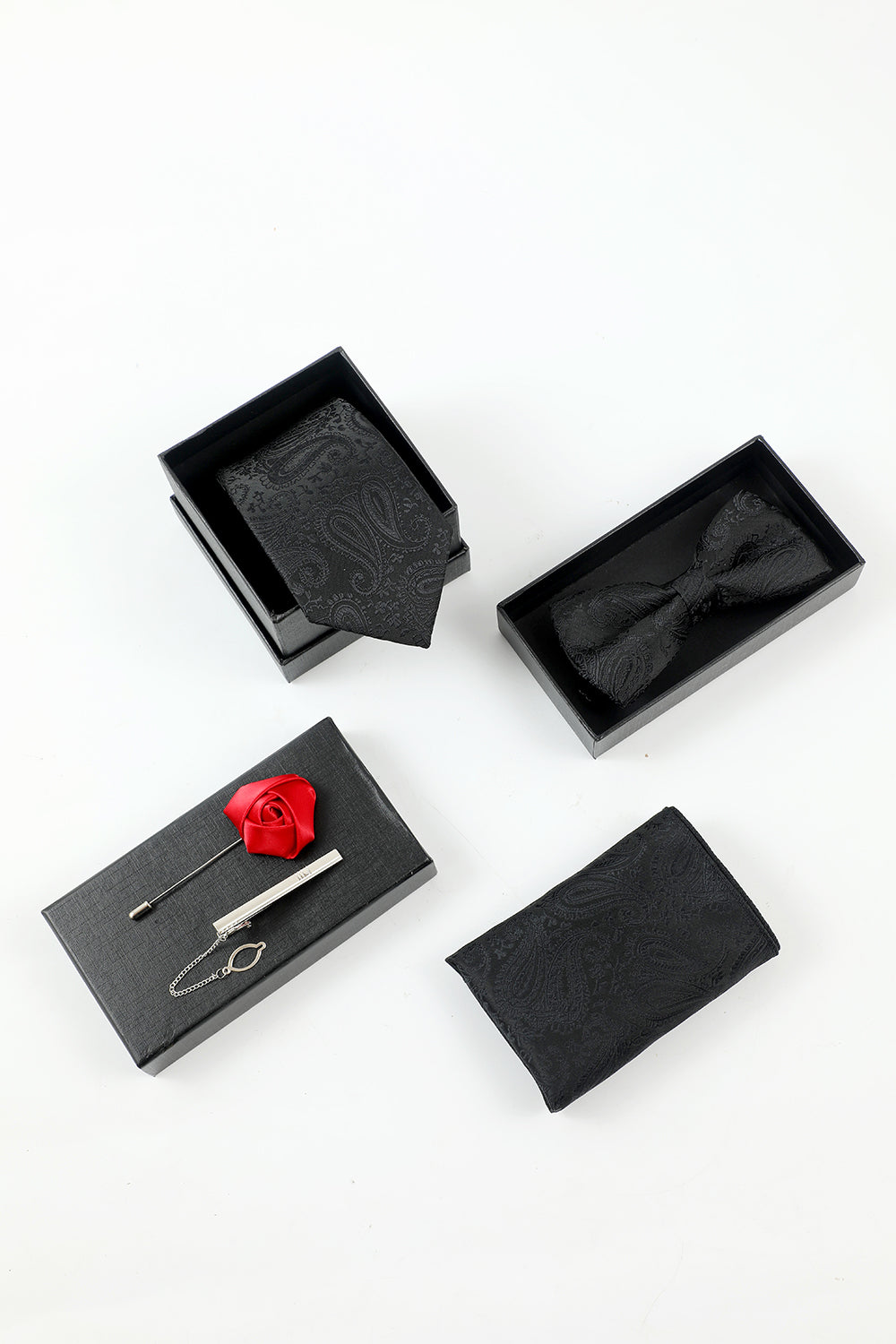 Men’s Black Jacquard 5-Piece Accessory Set Tie and Bow Tie Pocket Square Flower Lapel Pin Tie Clip