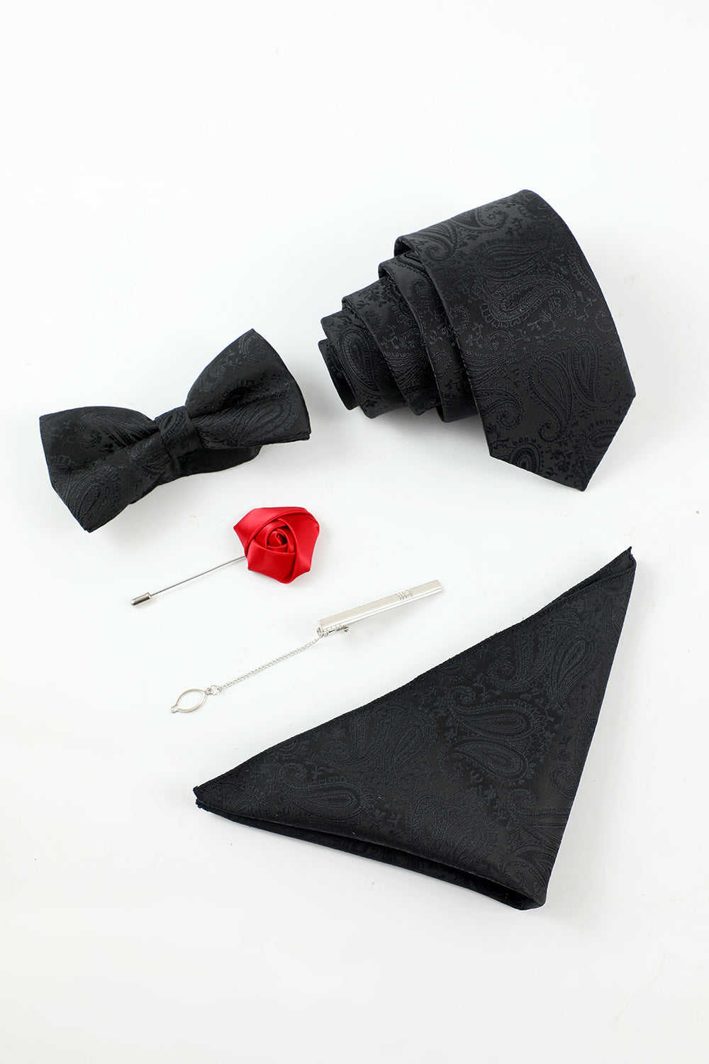 Men’s Black Jacquard 5-Piece Accessory Set Tie and Bow Tie Pocket Square Flower Lapel Pin Tie Clip