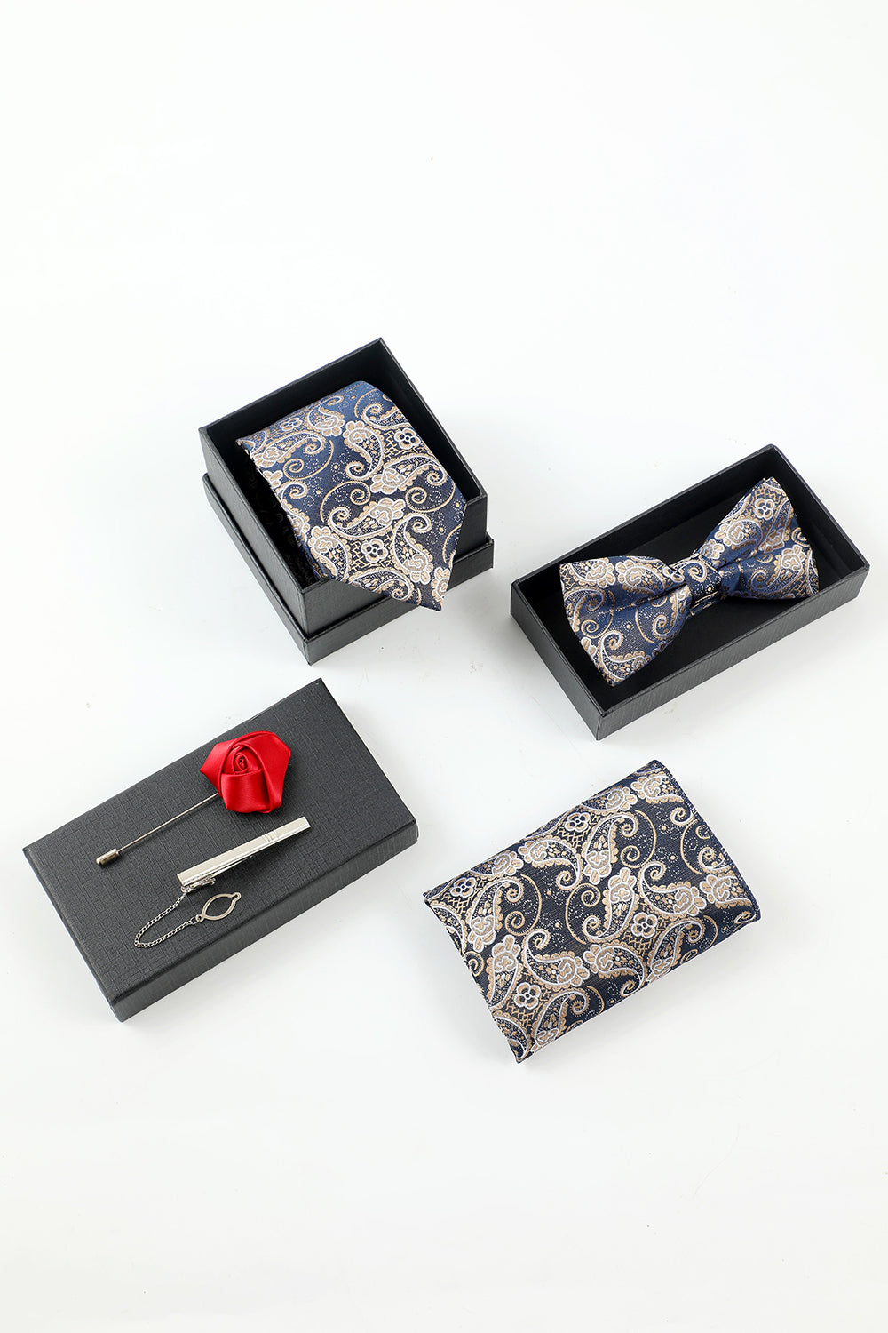 Men’s Navy Jacquard 5-Piece Accessory Set Tie and Bow Tie Pocket Square Flower Lapel Pin Tie Clip