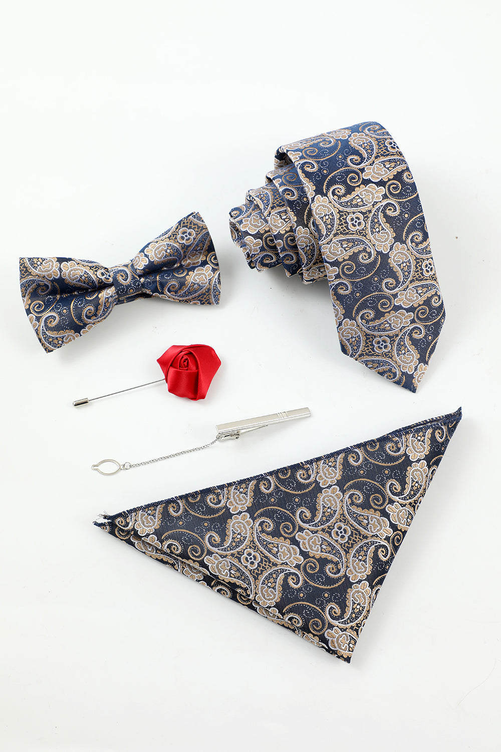 Men’s Navy Jacquard 5-Piece Accessory Set Tie and Bow Tie Pocket Square Flower Lapel Pin Tie Clip