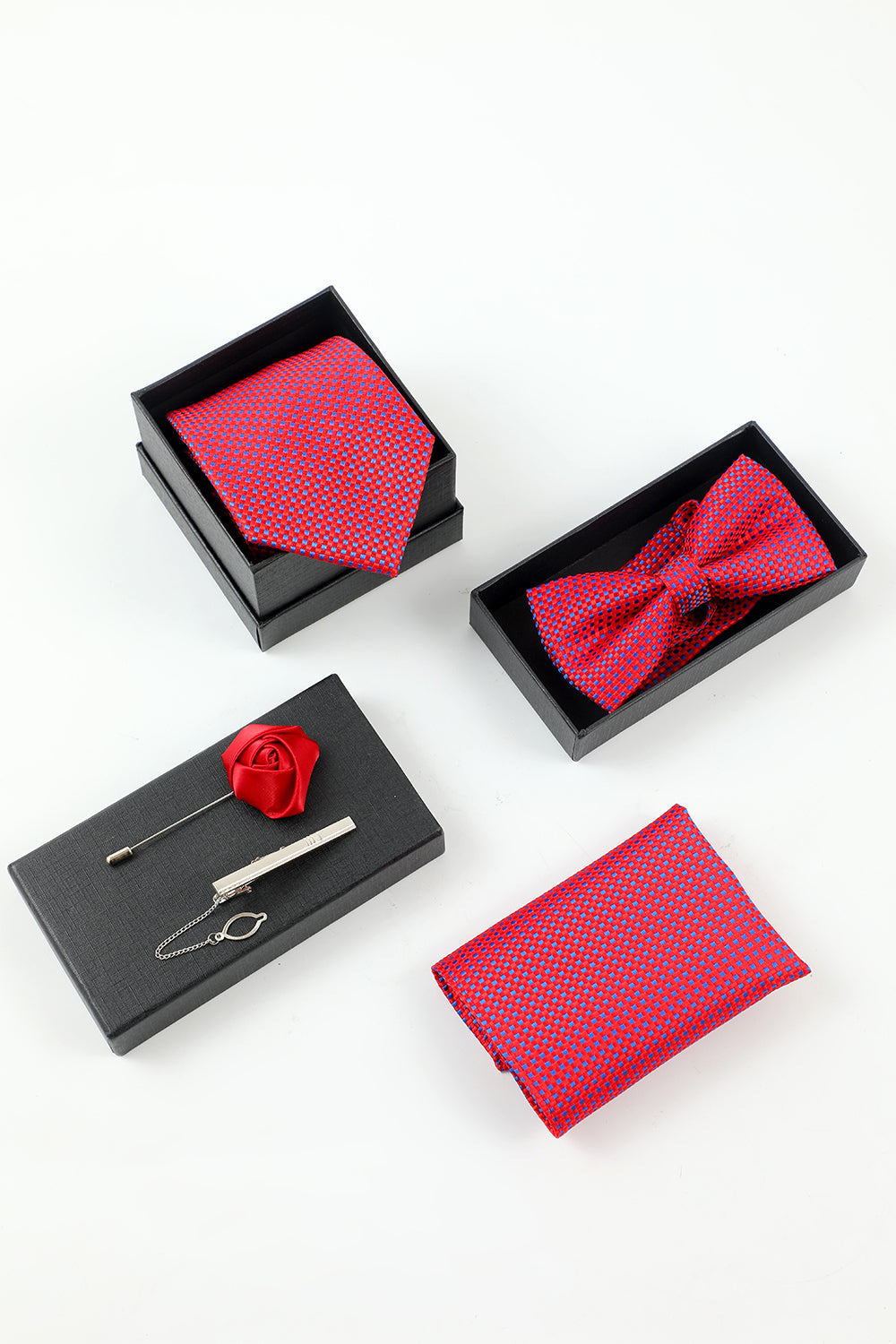 Men’s Fuchsia 5-Piece Accessory Set Tie and Bow Tie Pocket Square Flower Lapel Pin Tie Clip