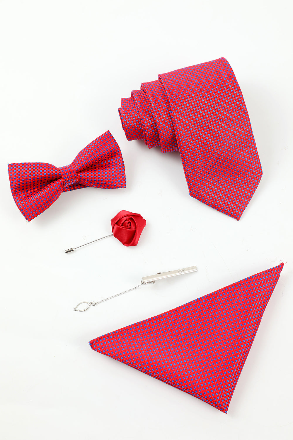 Men’s Fuchsia 5-Piece Accessory Set Tie and Bow Tie Pocket Square Flower Lapel Pin Tie Clip