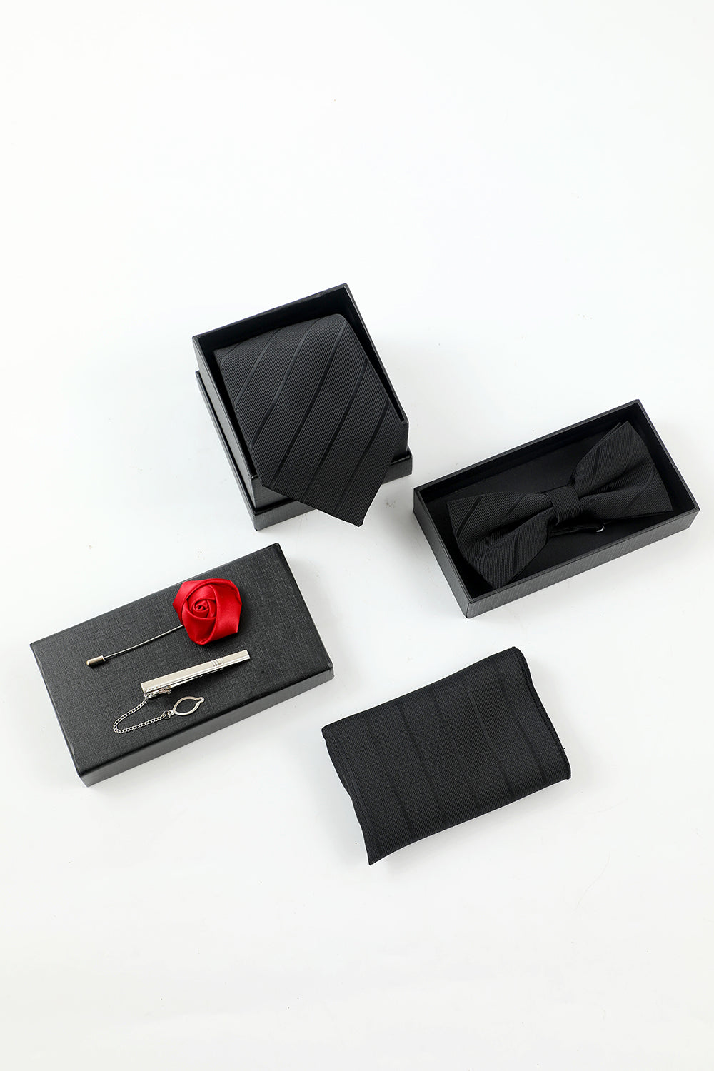 Men’s Black Stripe Men’s 5-Piece Accessory Set Tie and Bow Tie Pocket Square Flower Lapel Pin Tie Clip