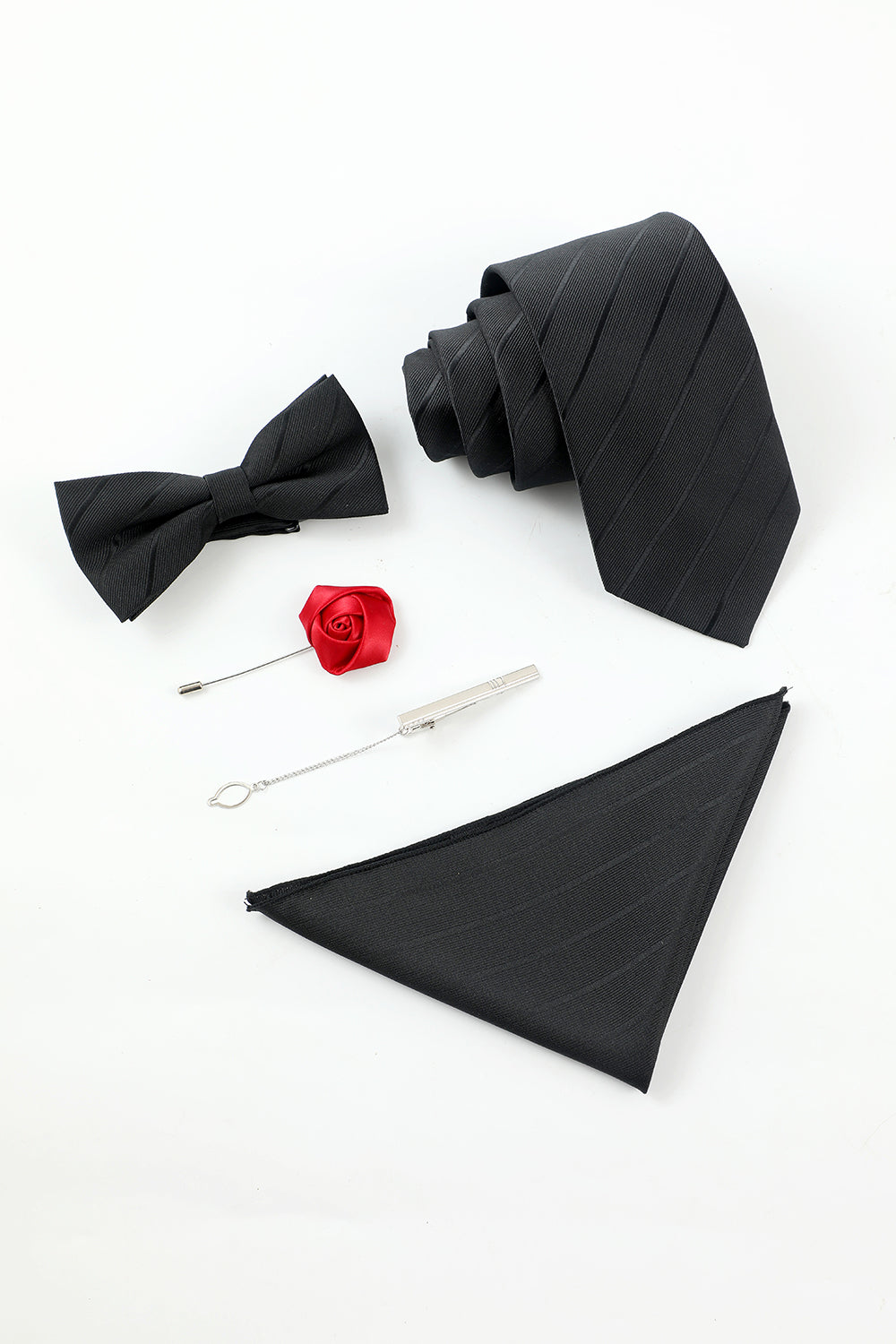 Men’s Black Stripe Men’s 5-Piece Accessory Set Tie and Bow Tie Pocket Square Flower Lapel Pin Tie Clip