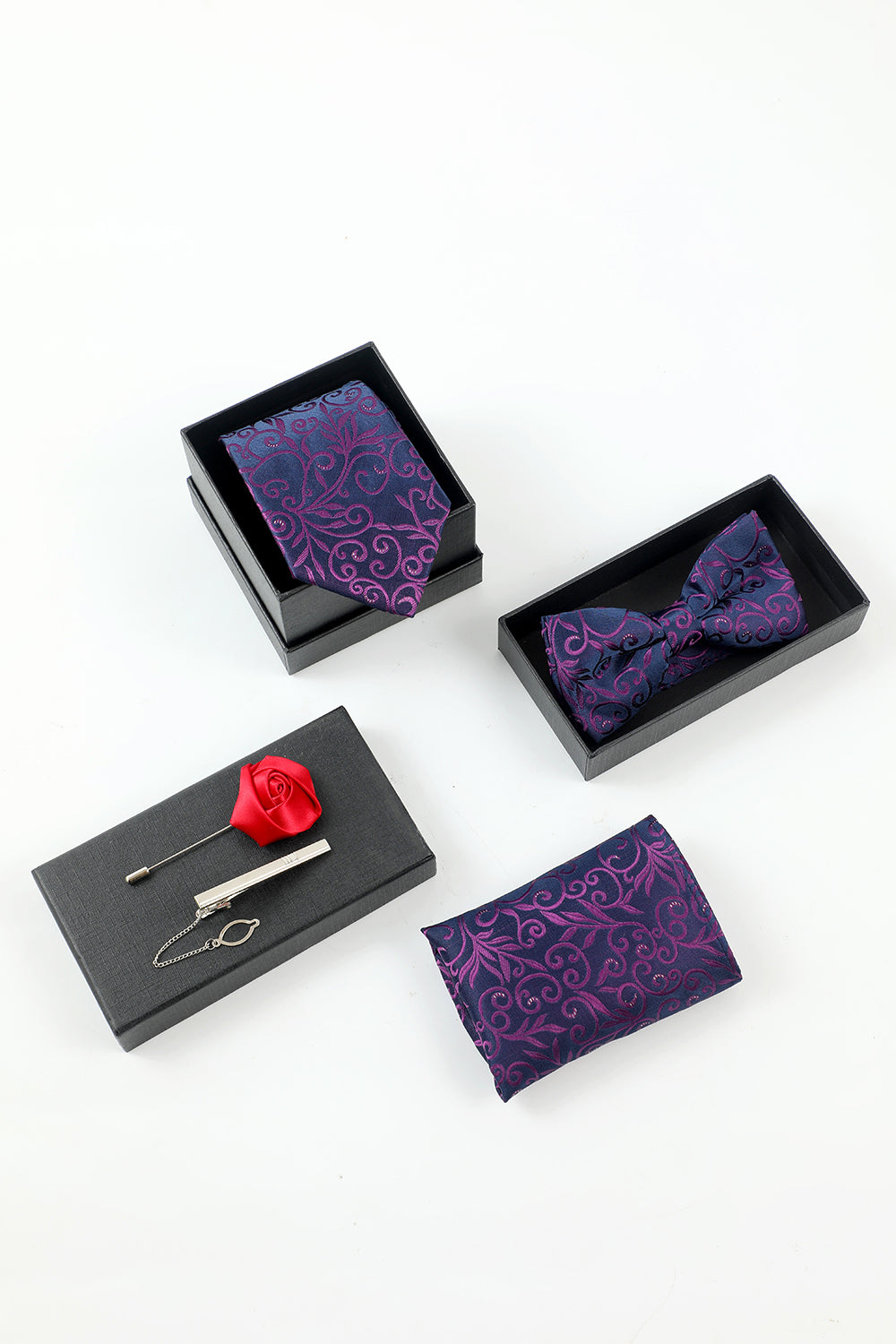 Men’s Purple Jacquard 5-Piece Accessory Set Tie and Bow Tie Pocket Square Flower Lapel Pin Tie Clip