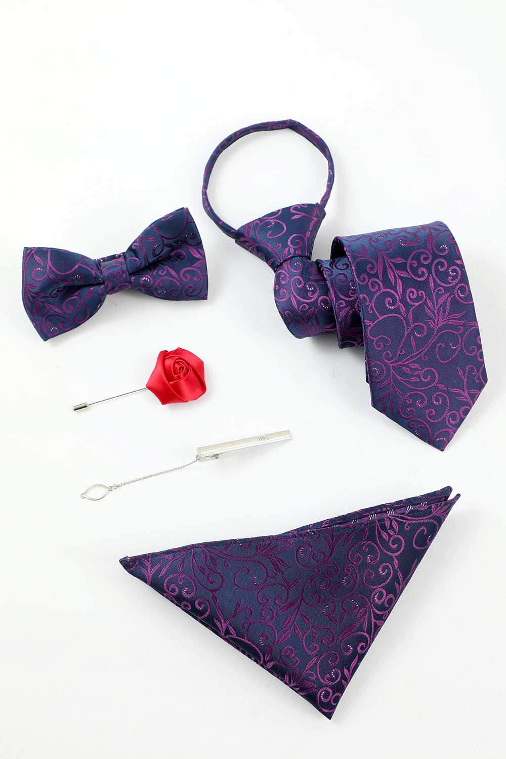 Men’s Purple Jacquard 5-Piece Accessory Set Tie and Bow Tie Pocket Square Flower Lapel Pin Tie Clip