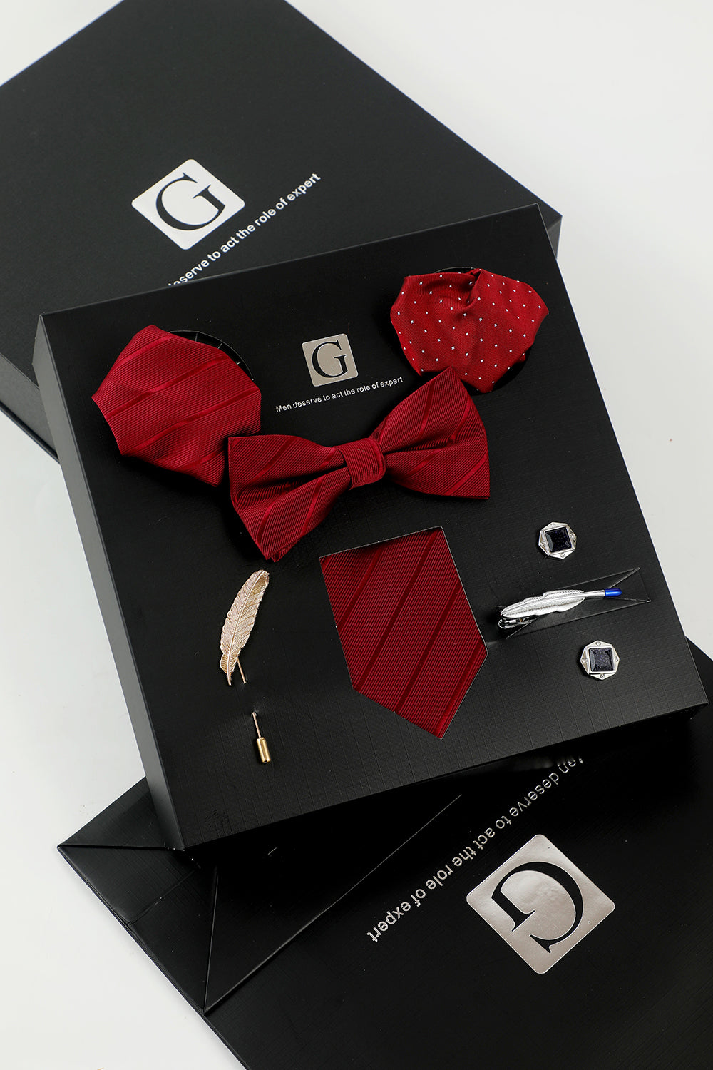 Men’s Burgundy Accessory Set Tie and Bow Tie Two Pocket Square Lapel Pin Tie Clip Cufflinks