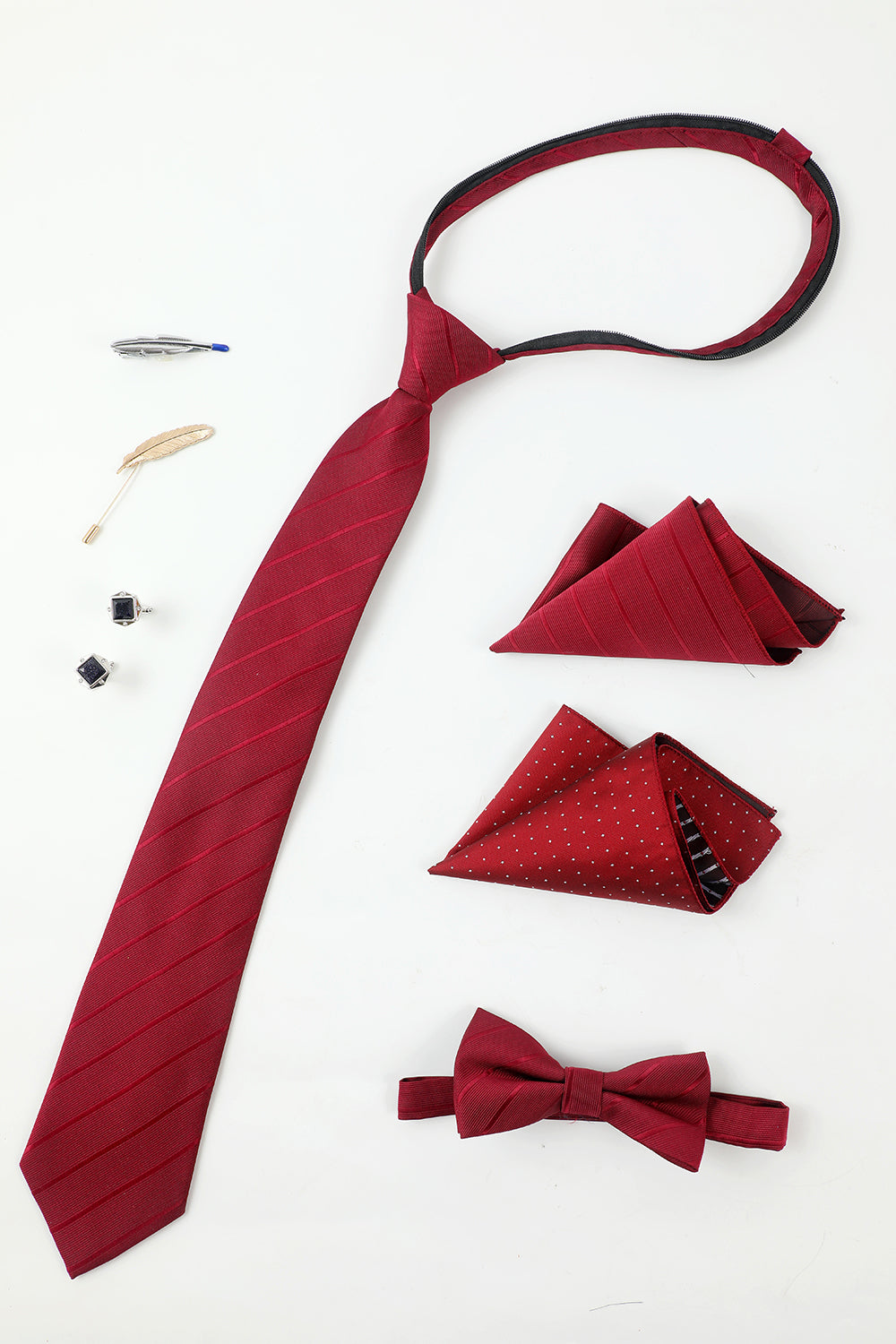 Men’s Burgundy Accessory Set Tie and Bow Tie Two Pocket Square Lapel Pin Tie Clip Cufflinks