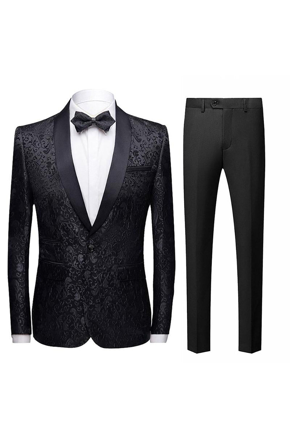 Men’s Black Slim Fit Jacquard Shawl Lapel 2 Pieces Wedding Suits