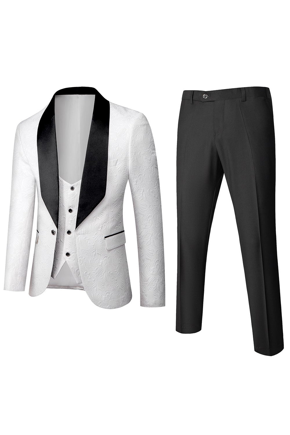 Men’s White Slim Fit Jacquard 3 Pieces One Button Wedding Suits