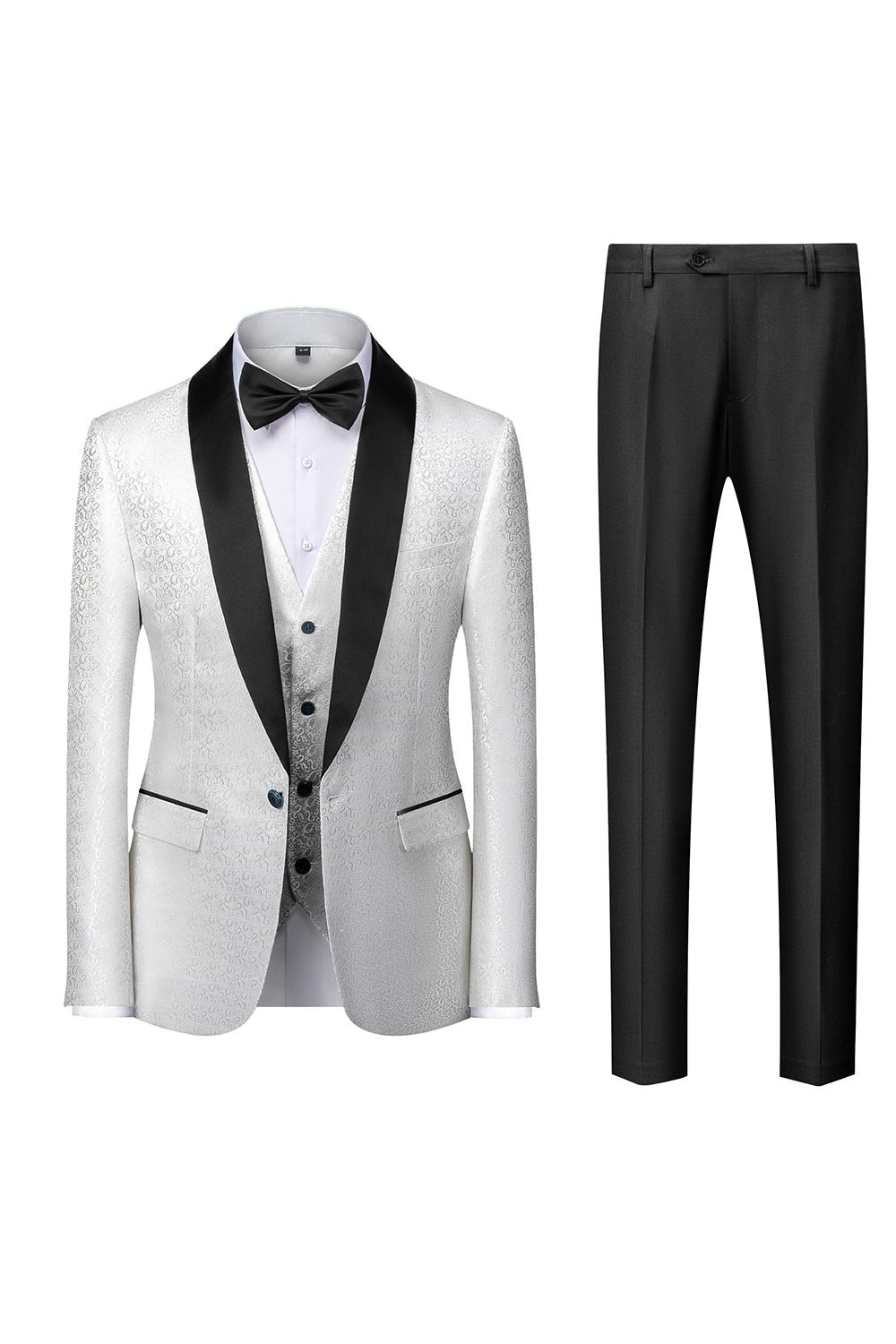 Men’s White Slim Fit Shawl Lapel Jacquard 3 Pieces Wedding Suits