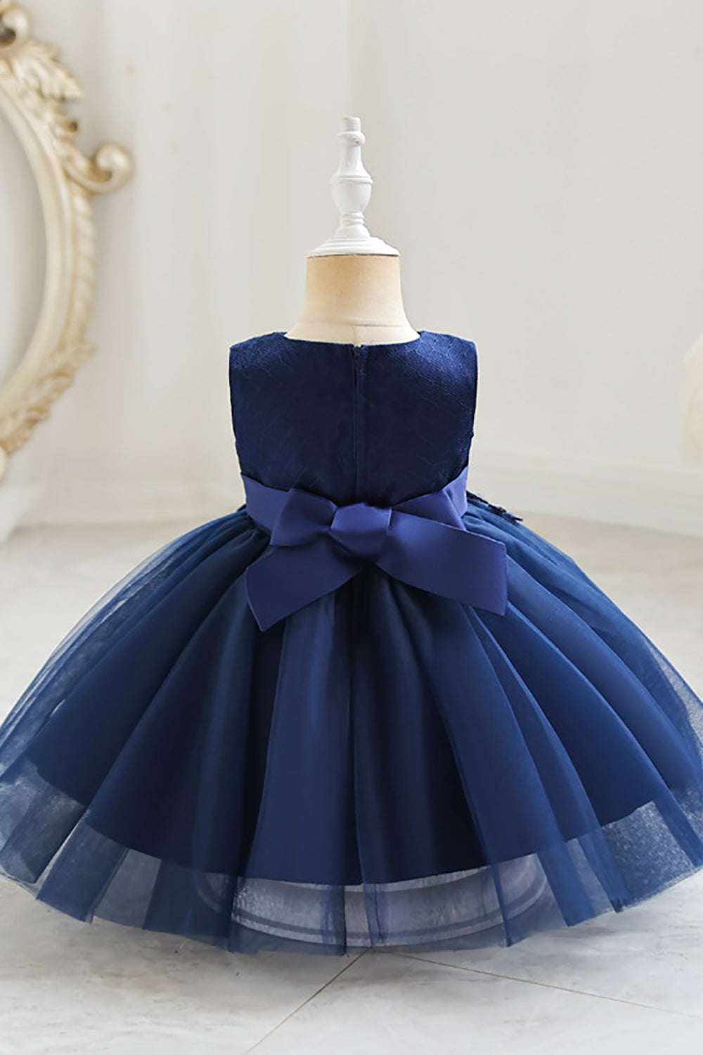 Navy Boat Neck Sleeveless Tulle Flower Girl Dress with Beading