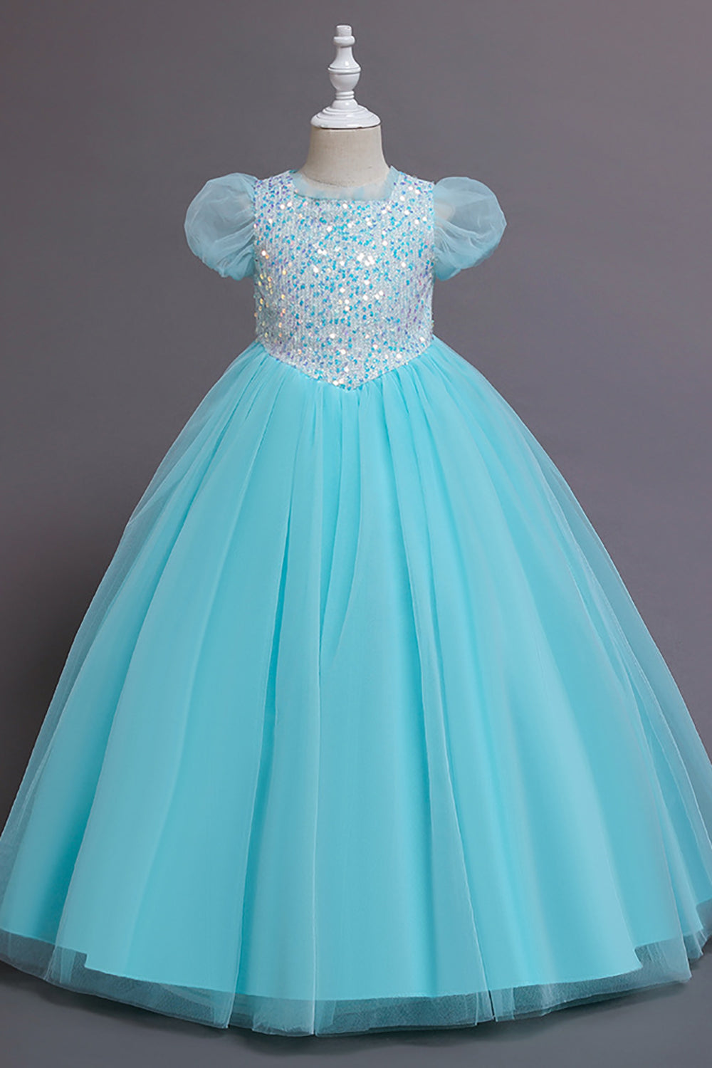 Light Blue Puff Sleeves Tulle Flower Girl Dress with Sequins