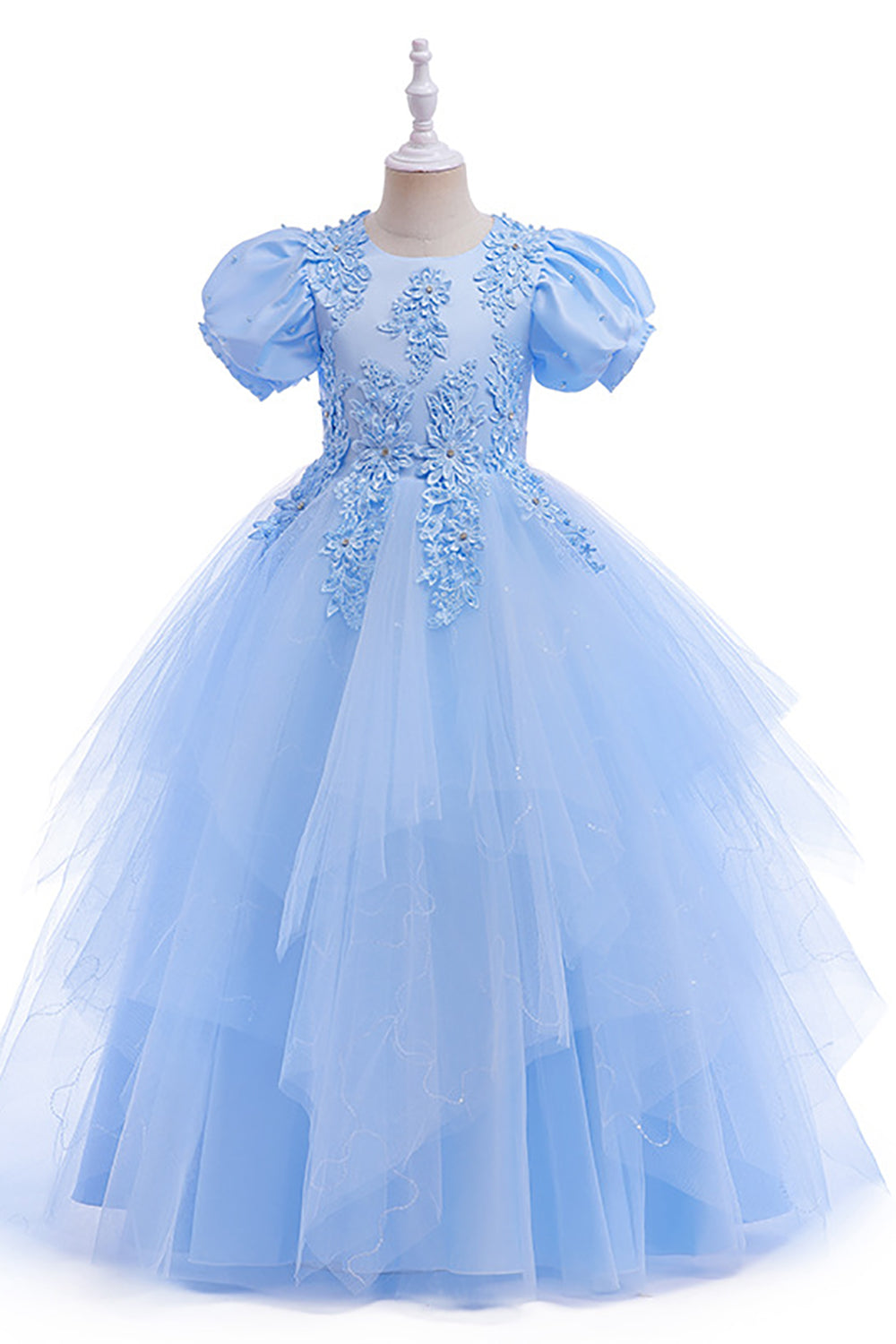 Light Blue Puff Sleeves Tulle Flower Girl Dress with Appliques