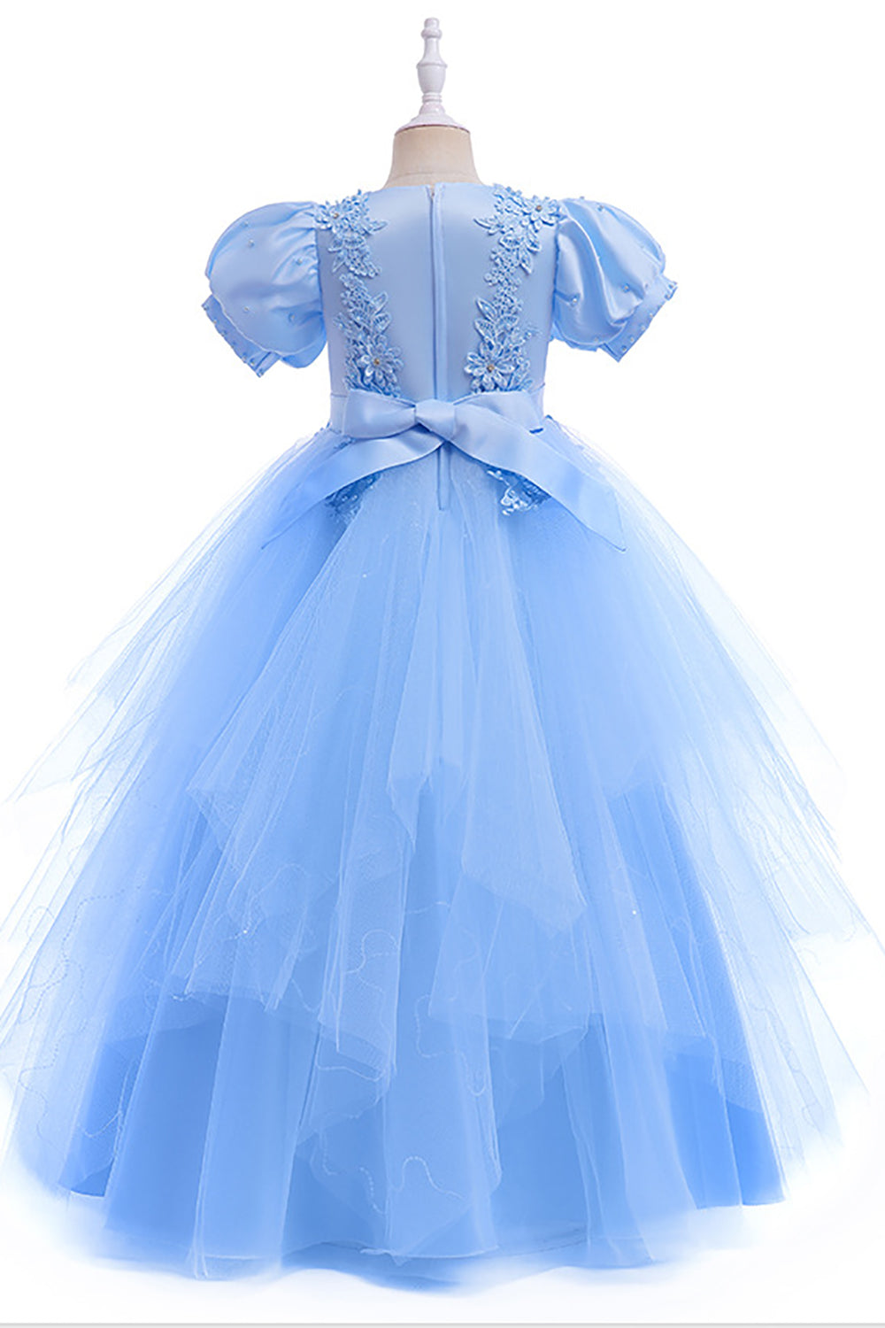 Light Blue Puff Sleeves Tulle Flower Girl Dress with Appliques