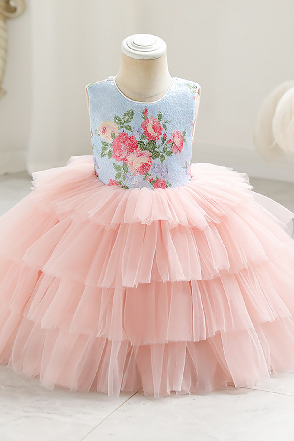 Pink Tiered Flower Printed Flower Girl Dress with Bowknot