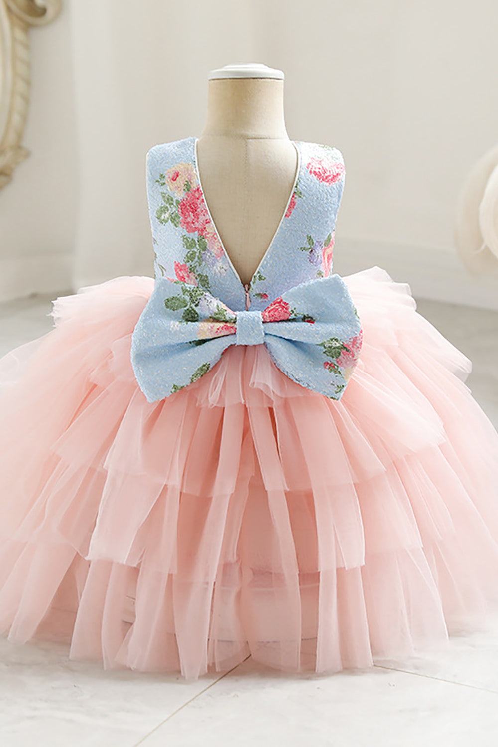 Pink Tiered Flower Printed Flower Girl Dress with Bowknot